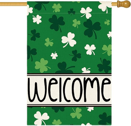 AVOIN colorlife St Patricks Day House Flag 28x40 Inch Double Sided Outside, Shamrocks Clovers Welcome Yard Outdoor Flag