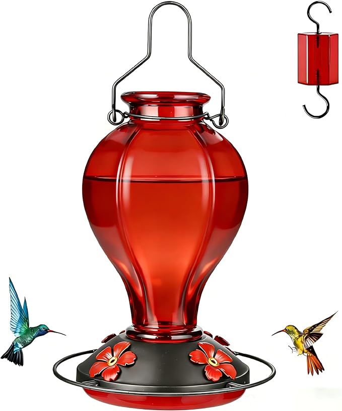 Glass Hummingbird Feeders for Outdoors Hanging, 24oz Wild Bird Nectar Feeder with Ant Moat and 360° Perch, Bee-Resistant Ports,Outside Garden Decor,Colorful Gifts for Women Mom, 1 Pack, Red