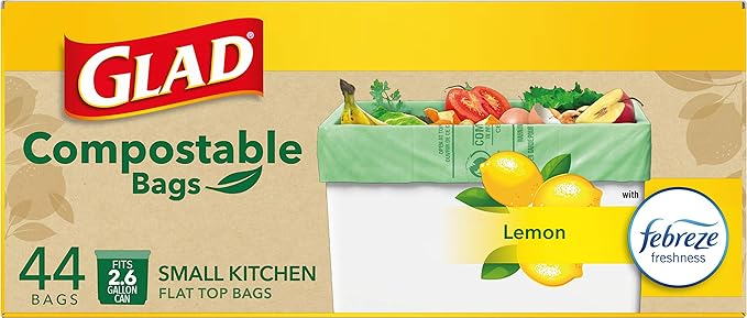 Glad Trash Bags, Kitchen Compost Bags 2.6 Gallon Garbage Bags, 100% Compostable Bag, Febreze Lemon, 44 Count (Package May Vary), Light Yellow