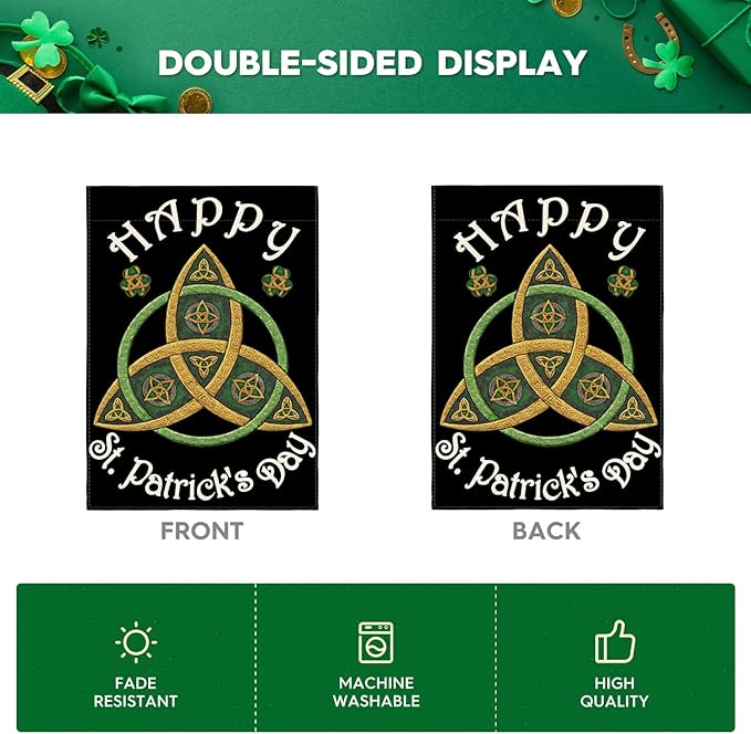 AVOIN colorlife Happy St Patricks Day Garden Flag 12x18 Inch Double Sided Outside, Trinity Shamrock Clover Yard Outdoor Decoration