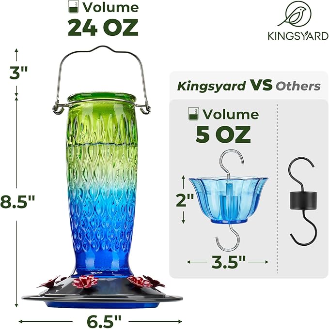 Kingsyard Hummingbird Feeders for Outdoors Hanging, 24 Ounce, Glass Hummingbird Feeder with Ant Moat & 6 Bee Guard Feeding Ports, Leak-Proof, Green & Blue