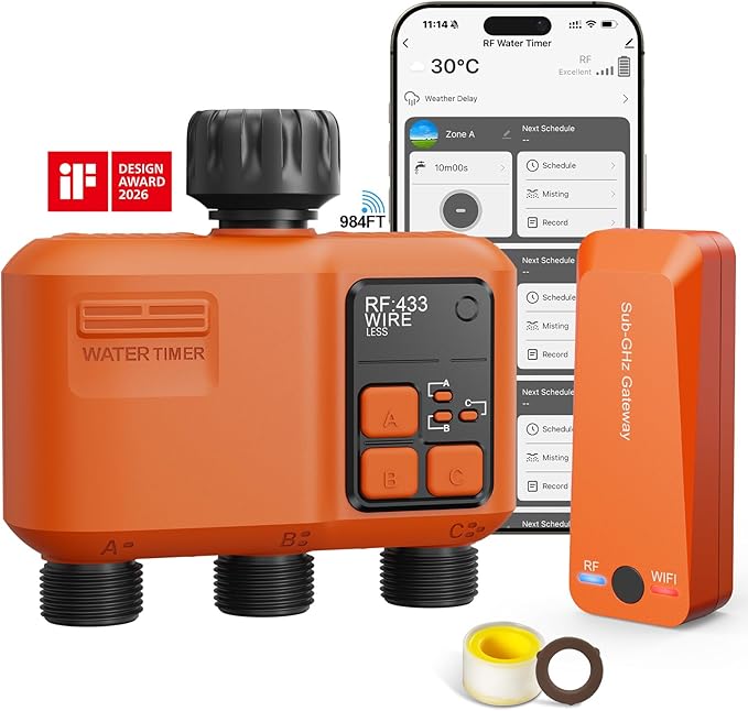 Smart WiFi Sprinkler Timer 3 Zone,WiFi Water Timer for Garden Hose with 984 FT Range,APP & Remote Control,Alexa & Google Voice Compatible,Rain Delay, Manual Mode Sprinkler System