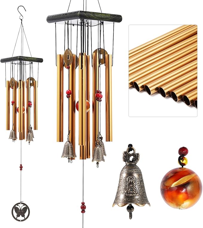 BWINKA Chinese Traditional Retro 8 Tubes 5 Bells Bronze Yard Garden Outdoor Living Wind Chimes 60cm