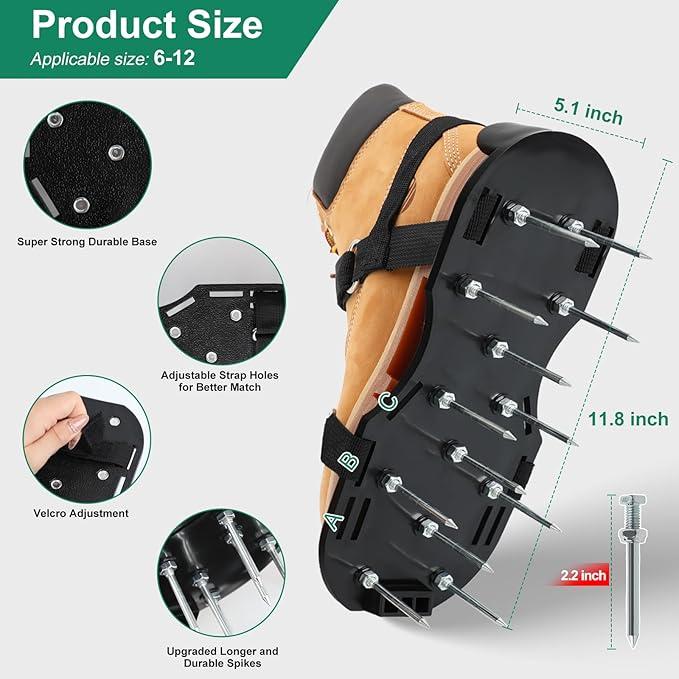 Lawn Aerator Shoes, Upgrade 2.2'Heavy Duty Spike Shoes Lawn Aerating with Hook&Loop Straps, Free-Installation Grass Aerator Lawn Tool One Size Fits All Spiked Sandals for Yard Patio Garden Grass