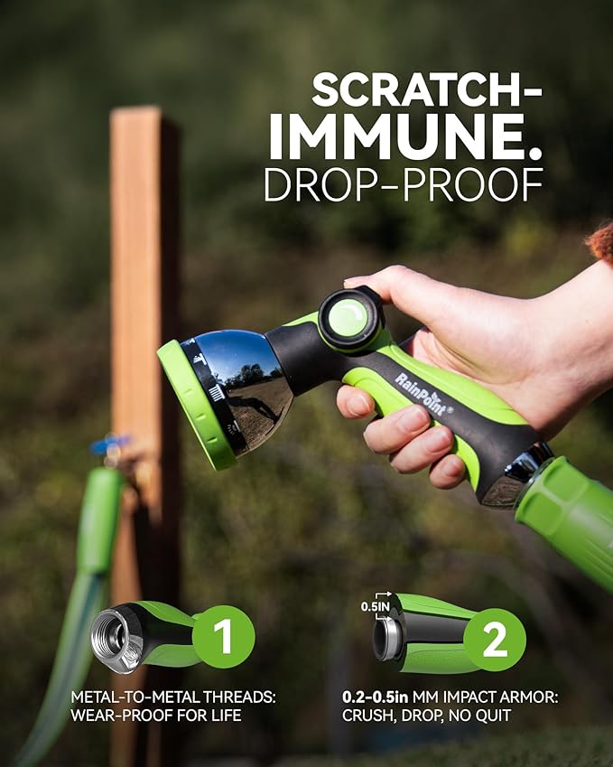 RAINPOINT Spray Nozzles for Garden Hose - 10 Spray Patterns Garden Hose Nozzle with Adjustable Flow Control for Watering Plants, Washing Cars,Washing Pets, Thumb Control (Green)
