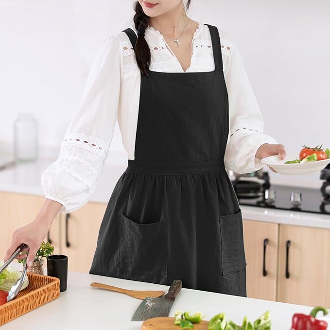 Cotton Linen Pinafore Apron Dress for Women with Pockets Cute Art Chef Aprons for Kitchen Baking Gardening Painting