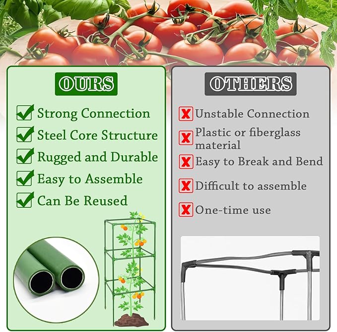 ZeeDix 2 Pack Heavy Duty Tomato Cages for Garden 60 Inches, Square Adjustable Tomato Trellis Cage Climbing Plant Support Trellis Plant Cages for Climbing Vegetables Flowers with 20Pcs Clips