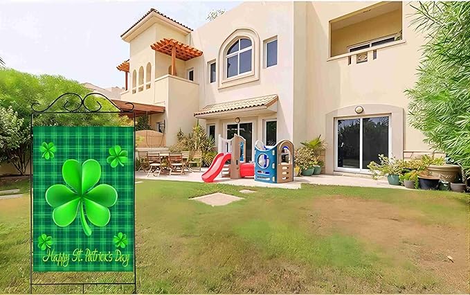 WENWELL St. Patricks Day Garden Flag 28 x 40 Inches Double Sided,Green with Cuff,Happy Saint Patrick's Day Shamrock House Banner for Home,Office,School,Yard,Party Decorations