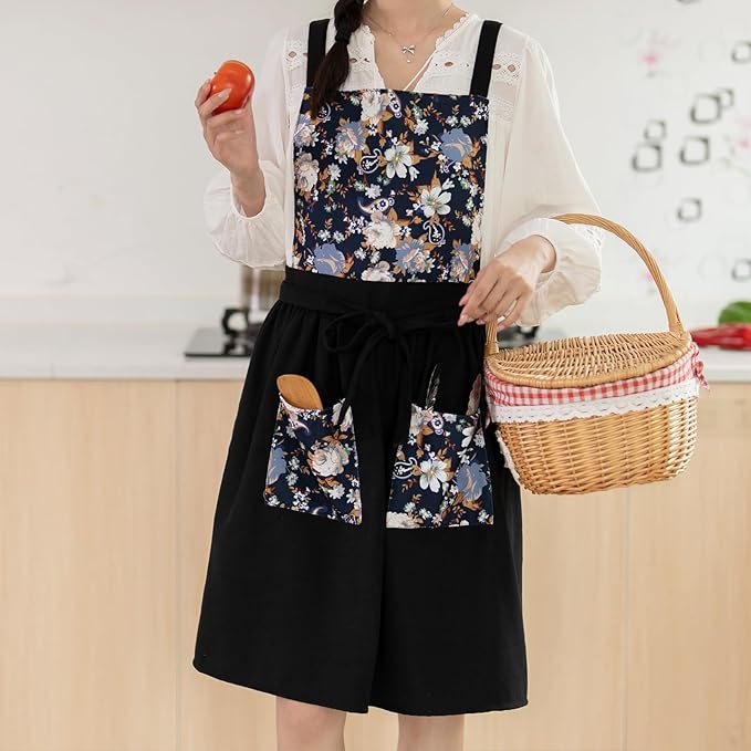 Vintage Pinafore Apron Dress for Women with Pockets Cute Floral Chef Aprons for Kitchen Cooking Baking Gardening