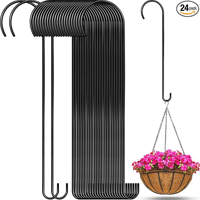24 Pack 24 Inch Long S Hooks for Hanging Plants, Heavy Duty Metal Tree Branch Hangers Extenders for Bird Feeders Flower Baskets Wind Chimes Black Vinyl Coated Garden Hook
