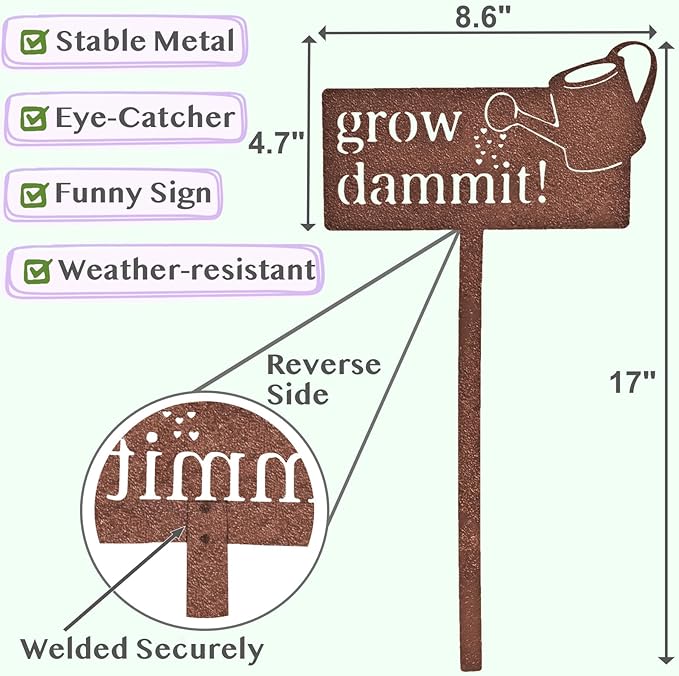 KRONLY Rustic Garden Sign Grow Dammit (17 x 8.66 inch) Rust Plug Weatherproof Garden Decor Outdoor Gardener Gifts for Women and Men