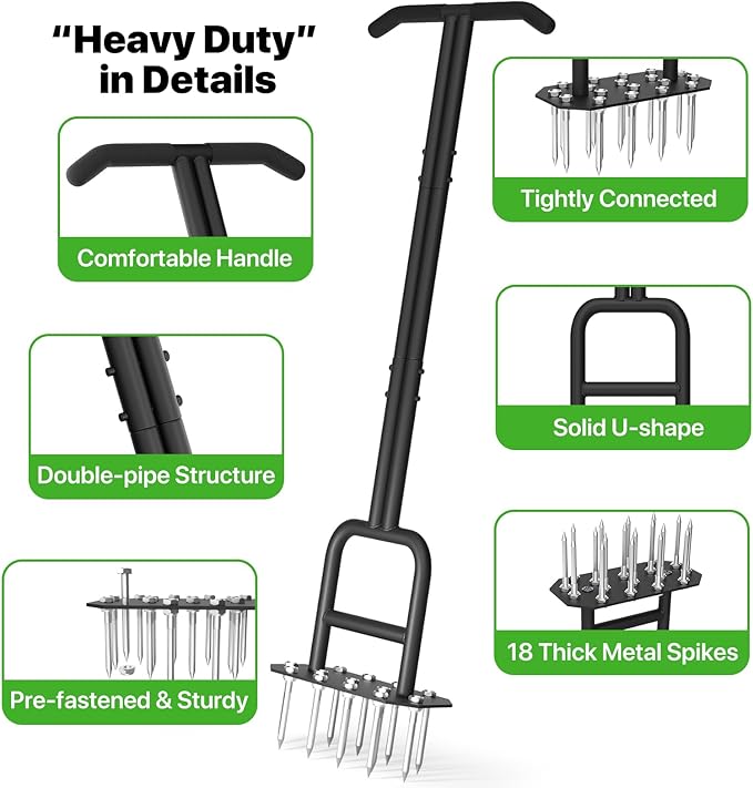 Lawn Aerator Spike Aeration Tool, Manual Air Aerator Tool for Lawn with Iron 18 Spikes, 38.8 Inch Hand Aerator for Grass, Yard, Heavy Duty Lawn Aerating Tool with Double-Pipe Handle, T-Grip, Black