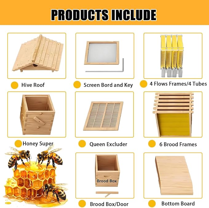 Beehive Starter Kit,Self-Flowing Honey Beehive， with Observation Window and Honey Spout,Ventilated Design ， with 4 Frames & 6 Trays，for Garden Pollinators
