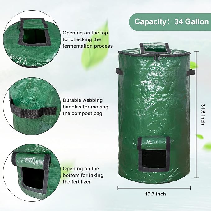 MyLifeUNIT Compost Bins Outdoor, Composting Bin for Outside Garden, Reusable Garden Yard Waste Bag, 34 Gallons (1 Pack, Green)