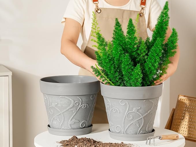 Melphoe Plant Pots Indoor with Drainage & Saucer, 2Pack 10 inch Flower Pots Outdoor Planters for Indoor Plants Garden Home Decor Cactus Succulent, Rigid Plastic (Imitation-Terracotta) Vine-Embossed