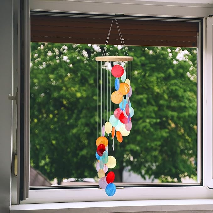 Wenqik Sea Glass Shell Wind Chimes for Outside Seaglass Capiz Windchime Spiral Wind Chimes for Women Beach Holiday Summer Gift Indoor Outdoor Home Housewarming Garden Decor(Colorful)