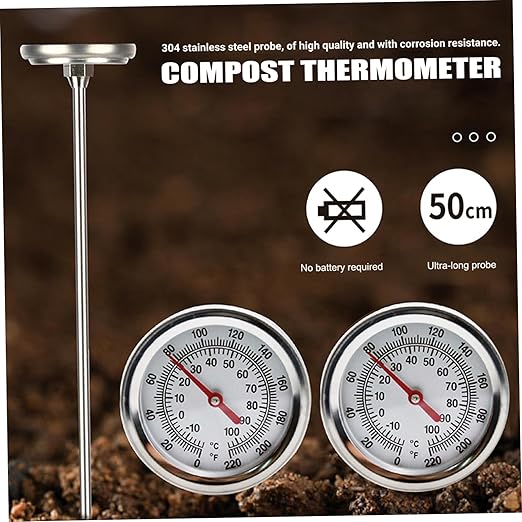 Compost Thermometer, Portable Large 2-inch Dial Stainless Steel Soil Thermometer with 20-inch Stem for Ground, Compost, Garden