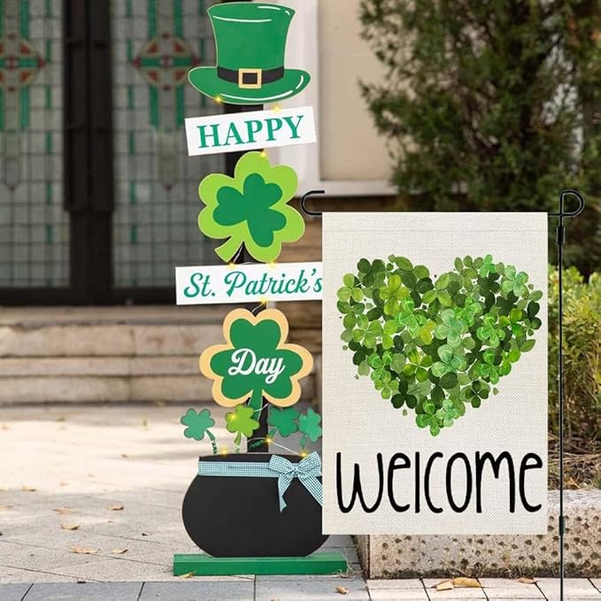 CROWNED BEAUTY St Patricks Day Garden Flag Shamrocks Heart 12x18 Inch Double Sided for Outside Green Small Burlap Welcome Holiday Yard Decoration