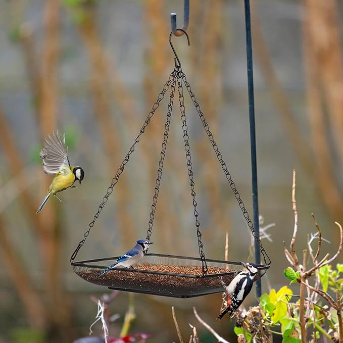 MIXXIDEA Hanging Bird Feeder Tray 11x11 Inches, Metal Mesh Platform Seed Feeder with Durable Chains for Outdoors Outside Great for Attracting Wild Birds, 1 Pack