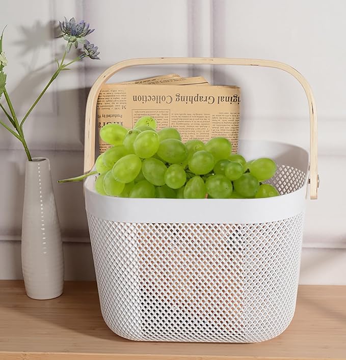 2 Pack Plastic Mesh Garden Harvest Basket, Plastic Picnic Baskets with Foldable Wooden Handle, Rectangle Fruit Vegetable Storage Organizer Bins for Gathering, Kitchen, Pantry, White