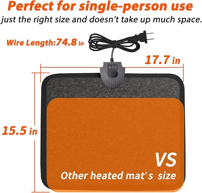 Heated Floor Mat Under Desk for Foot Warmer - Wider 110V Adjustable Temperature Electric Space Heaters Heating Pad - Carbon Crystal & Energy Saving Feet Warmers for Office,Home (Black Gray)