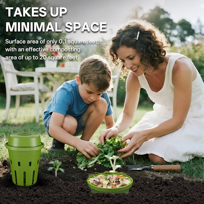Underground Worm Composting Bin, Outdoor Mini Inground Worm Composter for Beginners, Garden Compost Bin for Garden Beds & Home Use, Worm Farm Kit for Parent, Kids (7x7x7.4Inch), Green, 1-Pack