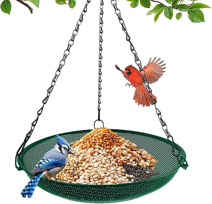 Platform Hanging Bird Feeder for Outdoors – Metal Mesh Seed Tray to Attract Wild Birds, Round 12 in, Green
