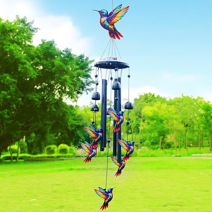 Hummingbird Wind Chimes for Outside, Black Metal Windchimes Outdoors, Hummingbirds Gifts for Women/Men, Garden/Yard Decor, Memorial/Birthday Gifts for Grandma/Mom, Durable Chimes for Outdoors