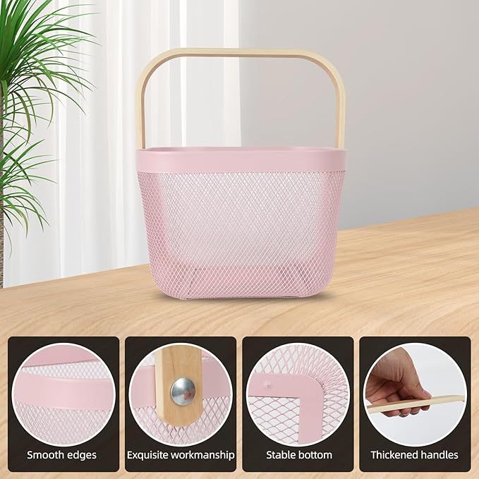 Mesh Steel Garden Harvest Basket with Wood Handle,Hanging Kitchen Baskets Outdoor Basket,Harvest Basket for Garden Vegetables,For Shopping Kitchen Bathroom Home(Pink)