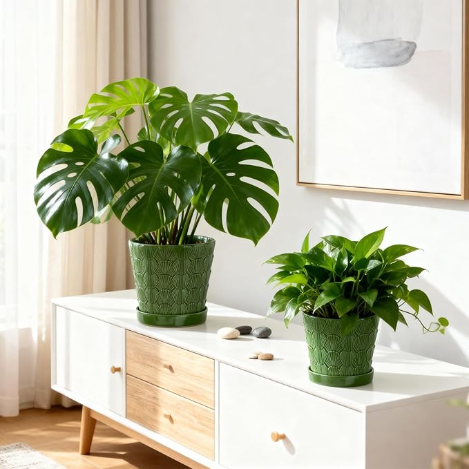 Ceramic Plant Pot,5+6 Inch Flower Pots with Drainage Hole&Tray,Ceramic Planter for Succulents Cactus,Indoor/Outdoor Pot for Plants,Set of 2- Patina