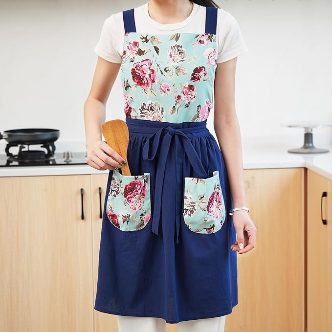 Vintage Pinafore Apron Dress for Women with Pockets Cute Floral Chef Aprons for Kitchen Cooking Baking Gardening