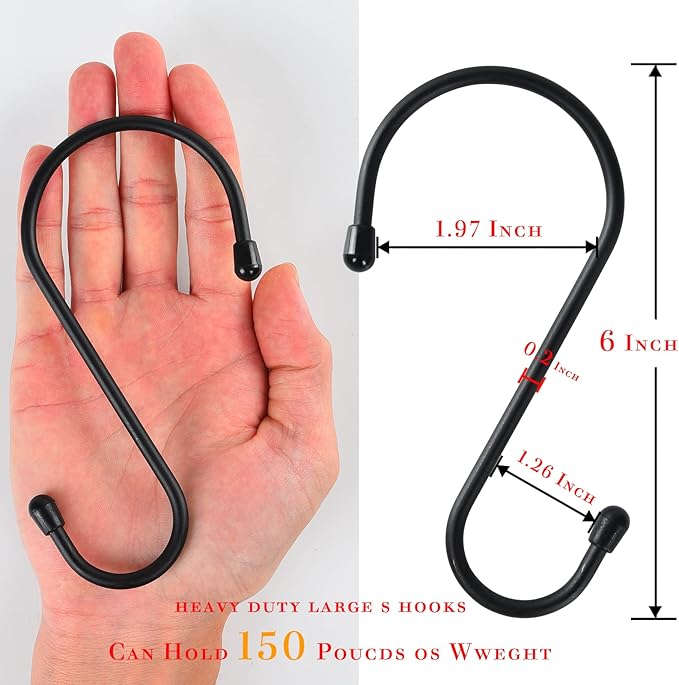 12 Pack 6 Inch S Hooks, Large S Hooks with Rubber Stopper Heavy Duty Metal S Hook, for Indoor or Outdoor, S Hooks for Hanging Plants, Birdhouse, Pan, Cups, Bags, Jewelry, Towels
