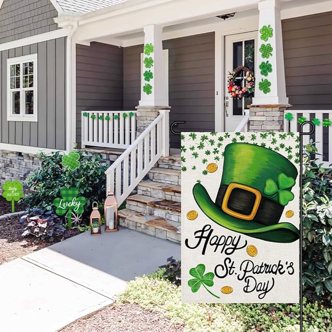 Happy St Patricks Day Garden Flag Burlap 12x18 Double Sided, Green Hat Shamrocks Lucky Clover Holiday Party Sign Small Flags Yard Outdoor Decorations DF660