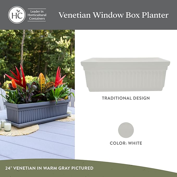 The HC Companies 24 Inch Venetian Window Planter Box with Drainage Plug, Lightweight UV-Resistant Plastic Indoor & Outdoor Planters, 2-Pack Flower Box for Garden & Home Decor, White