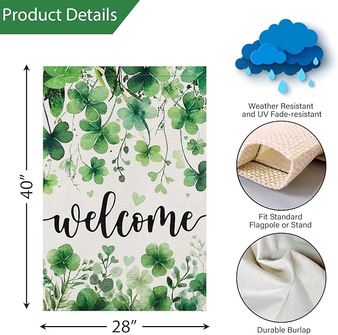 Louise Maelys St Patrick's Day Garden Flag Shamrock Clover Welcome 28x40 Inch Double Sided Large Burlap Love Heart Saint Patricks Spring Holiday Yard Outdoor Sign Outside House Decor
