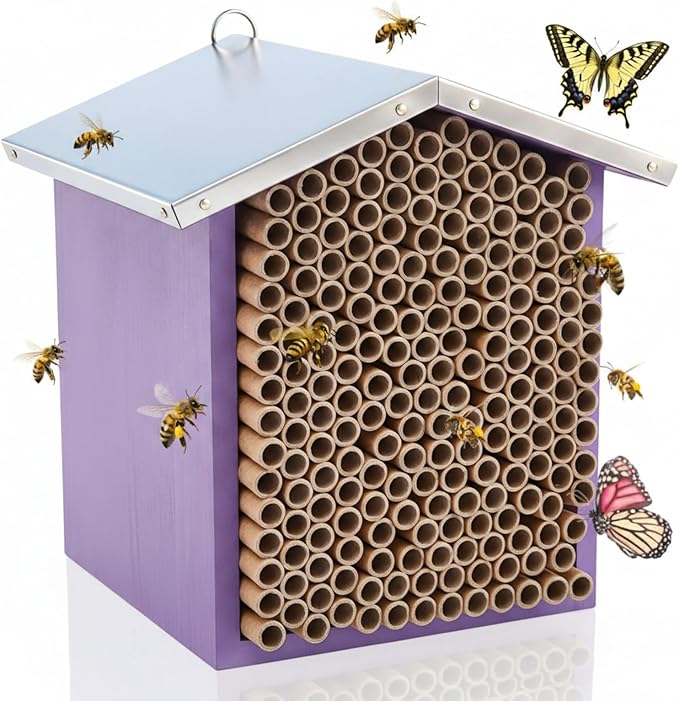Vicenpal Mason Bee House with Tubes Native Bee Boxes Hive Wooden, Pollinator House Waterproof, Wax Coated Tall Insect Hotel, Butterfly, Ladybirds, Beneficial Insect Habitat, Bug Hotel Garden