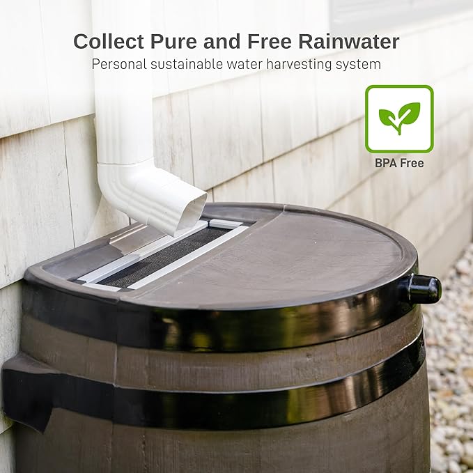 RTS Home Accents Polyethylene 50 Gallon Flat Back Dual Brass Spigot Rain Barrel, Woodgrain with Black Stripes Color