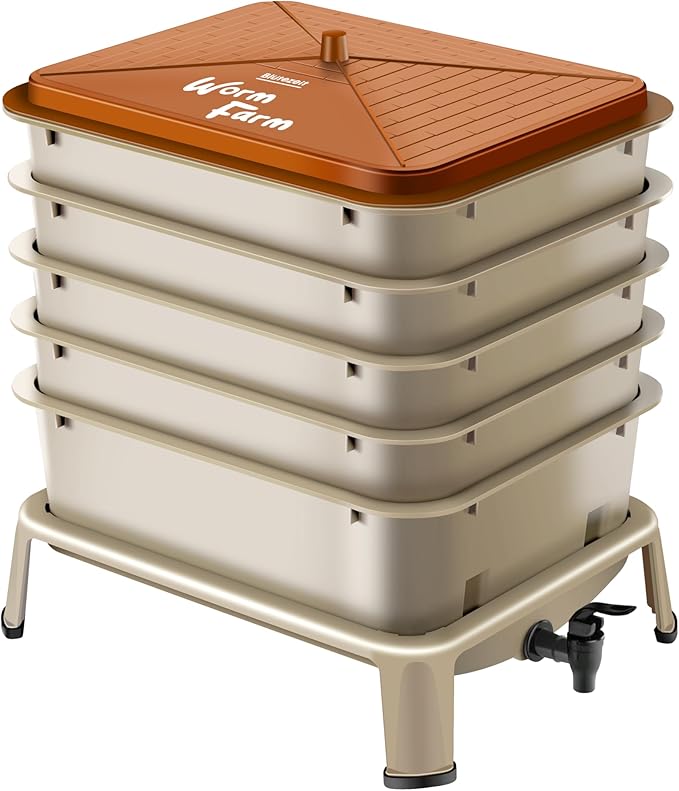 Blütezeit 5-Tray Worm Compost Bin, 53QT Outdoor & Indoor Worm Composter with Worm Farm Starter Kits for Home & Kitchen Recycling Food Waste (Gold)