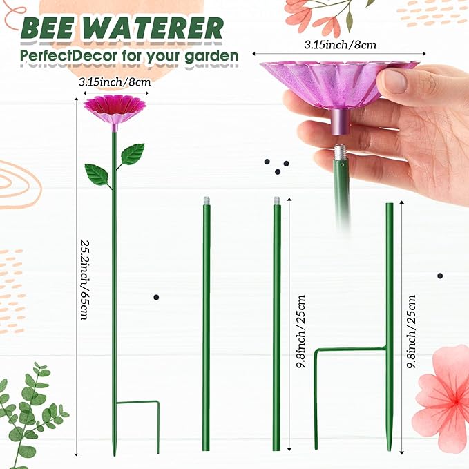 Tandefio 1 Pcs Bee Bath Watering Station, 25 x 2.6 Inch, Metal Flower Bee Feeder for Garden, Colorful Butterfly Feeder & Outdoor Pollinator Station for Birds, Bees & Butterflies(Rose Red)
