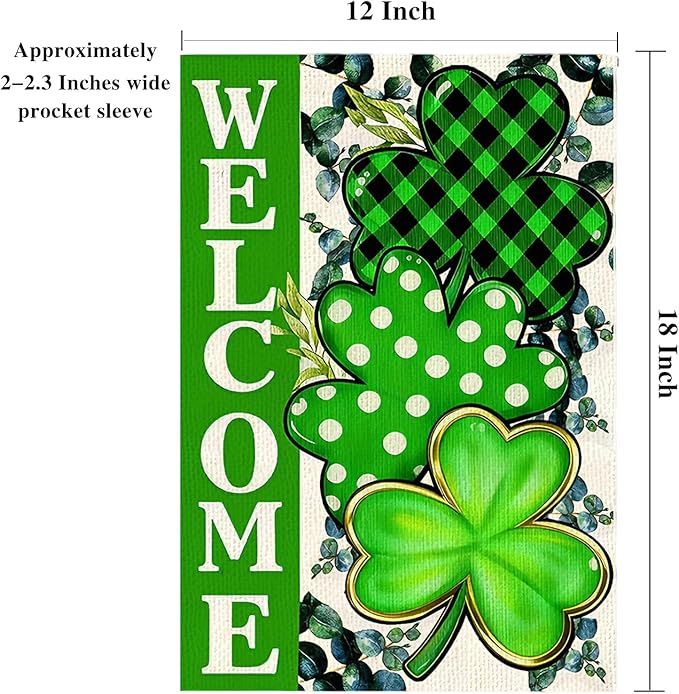 St Patricks Day Welcome Garden Flag 12x18 Inch Vertical Double Sided Outside Green Clovers Decoration Burlap Holiday Yard Flag