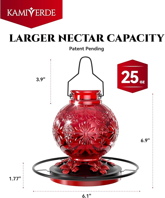 Glass Hummingbird Feeder for Outdoors, 25Oz Large Decorative Hanging Hummingbird Feeder, Leak Proof Durable Wild Bird Feeders, Hummingbird Gifts for Women & Mom, Garden Decor Window Feeder, Red