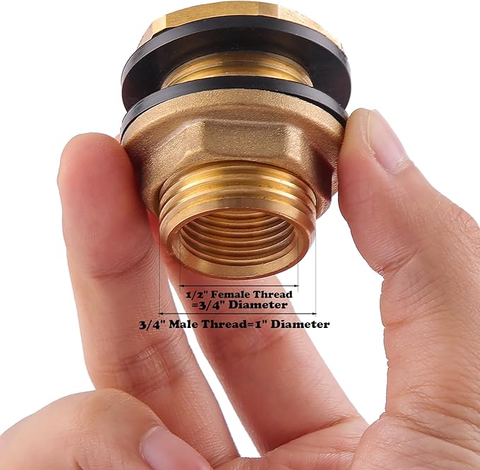 2 PCS Bulkhead Fitting,Solid Brass,1/2" NPT Female 3/4" GHT(Garden Hose Thread Connection) Male Water Tank Connector for Rain Barrels, Aquariums, Water Tanks