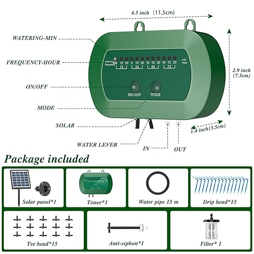 Solar Automatic Watering Kit for Garden, Automatic Drip Watering System with 15 m Watering Hose, Automatic Watering Timer for Holidays, Balconies, Flower Pots, Plants