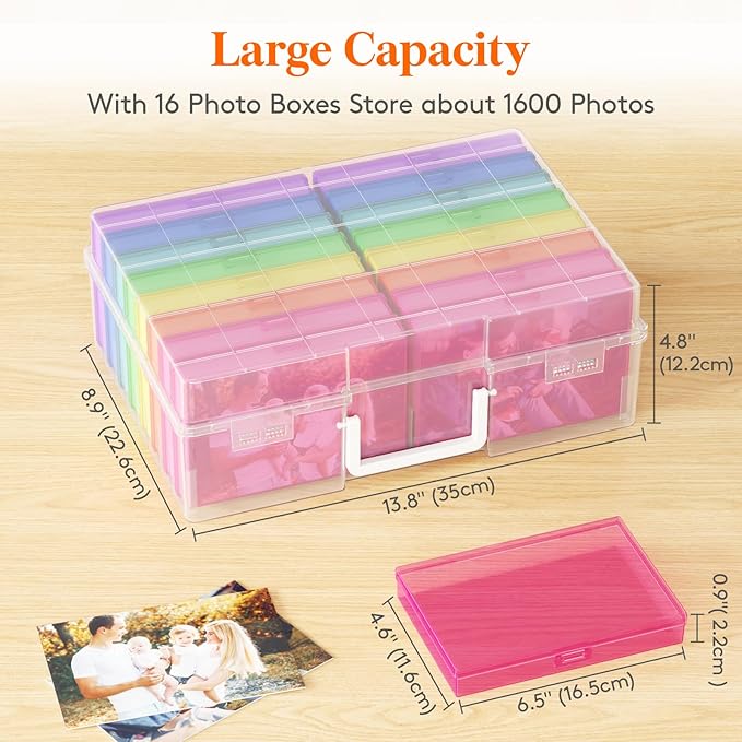 Lifewit 4x6 Photo Storage Box, 16 pcs Inner Photo Case with Lids, Multicolor Photo Organizers with 1 Sheet Label Sticker, Plastic Craft Storage Box for Seeds Sticker Cards Pictures Office Supplies