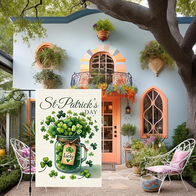 Welcome Lucky Clover St Patricks Day Garden Flag 12x18 Inch Double Sided Burlap, Mason Jar Yard Lawn Outdoor Irish Clover Seasonal Holiday Flags Decorations