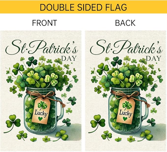 Welcome Lucky Clover St Patricks Day Garden Flag 12x18 Inch Double Sided Burlap, Mason Jar Yard Lawn Outdoor Irish Clover Seasonal Holiday Flags Decorations
