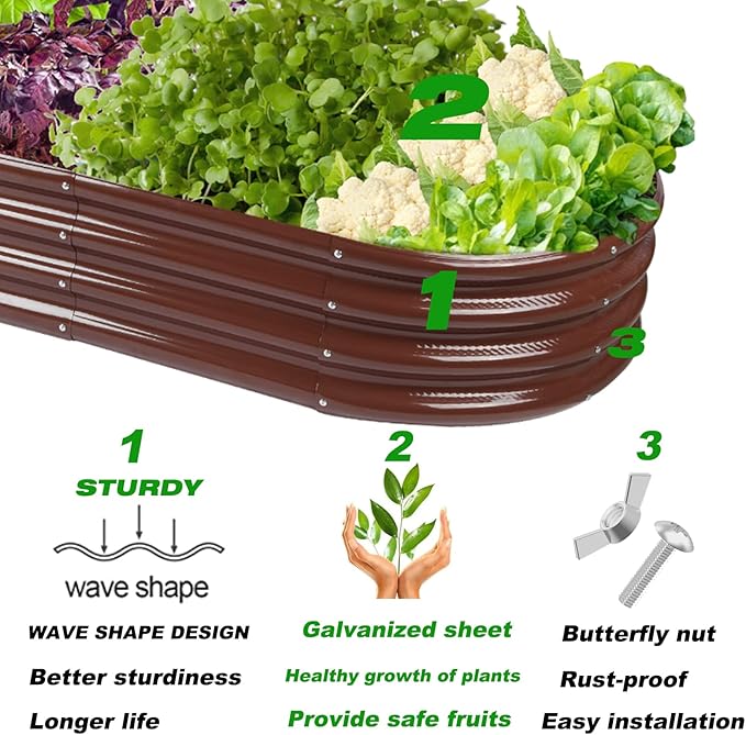 Raised Garden Bed GRS Certified Galvanized Planter Box Outdoor, 5ft Oval Rot-Resistant Metal Garden Bed Planter, Recycled Eco-Friendly Material Planter for Vegetables Flowers Herbs (Brown)