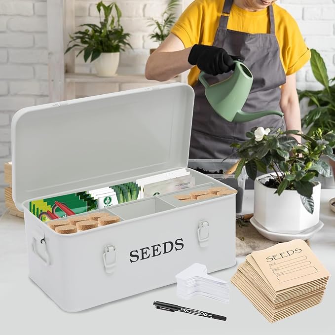 Seed Storage Box, Metal Seed Bin Seed Storage Organizer, 4 Dividers Seed Container with Safety Lock, Seed Box with Professional All-in-one Kit, White