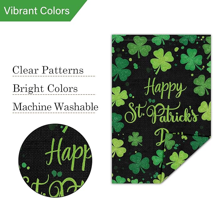Louise Maelys Happy St Patrick's Day Garden Flag Clover Shamrock Welcome 12x18 Inch Double Sided Small Burlap Spring Holiday Yard Outdoor Outside House Decor