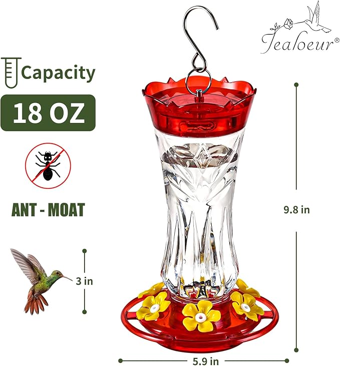2 Pack Hummingbird Feeder for Outdoors Hanging, 18 OZ Humming Birds Feeders with 6 Bee Guard Feeding Ports & Built-in Ant Moat, Easy to Clean, Durable Outdoor Garden Decor(Clear AA)